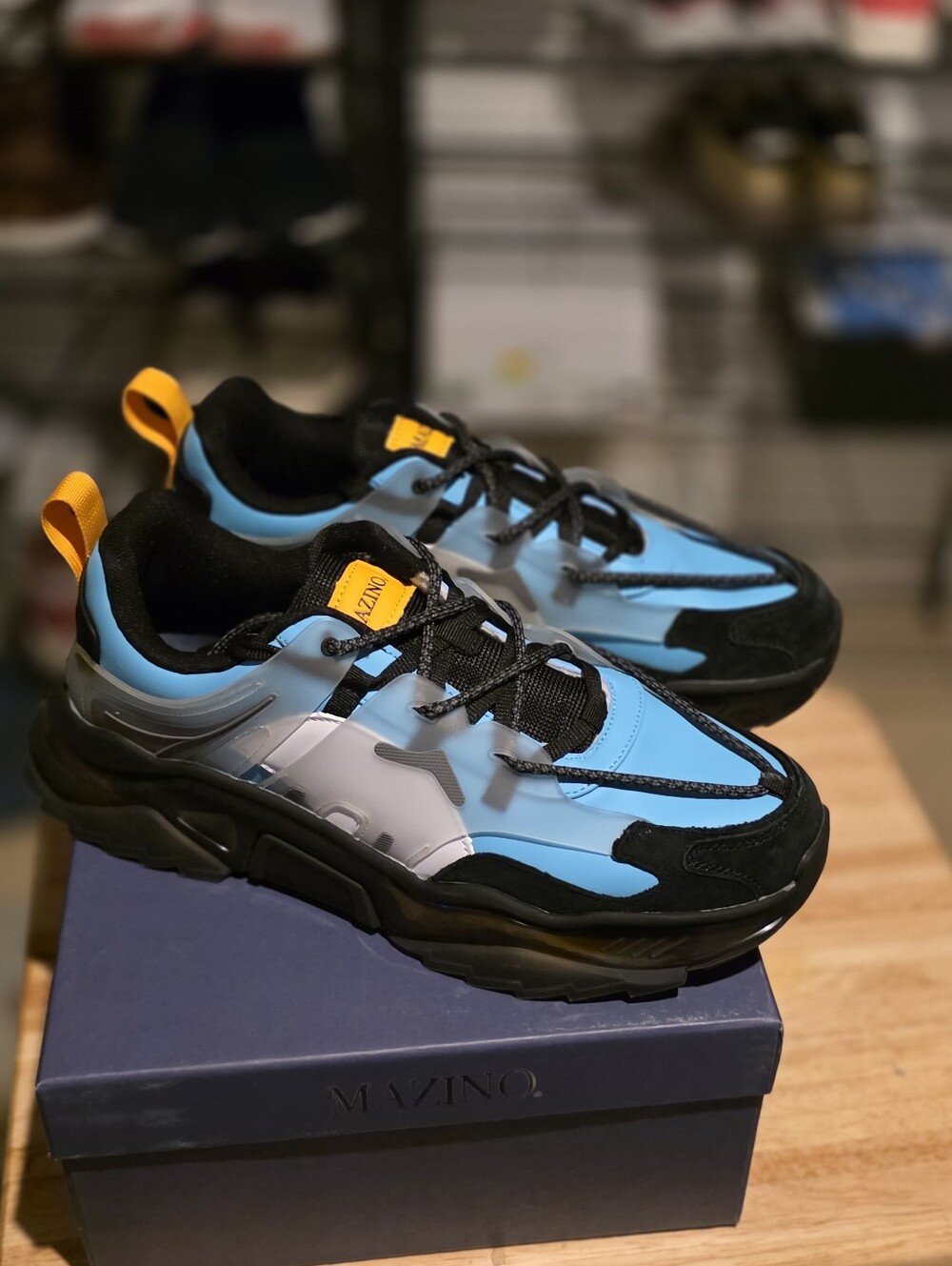 Mazino Blue & Black Chunky Sneakers with Yellow Pull Tabs